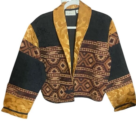 Flashback Jackets & Blazers - Vintage Flashback Ethnic Boho Patchwork Jacket Gold Black Maroon Southwestern M/